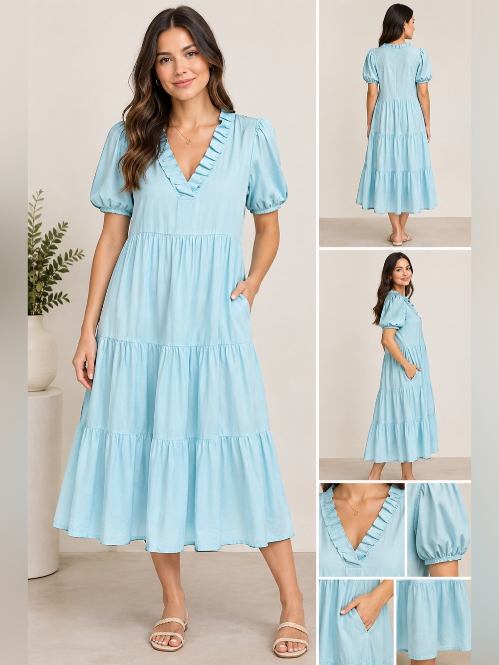 ✨Crown & Ivy Light Blue Ruffled V-Neck Midi Dress Size S